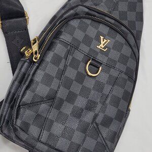 Faux Design Slingbag, Gray & Black, 2 pocket gold zip front 12" high 8" Wide